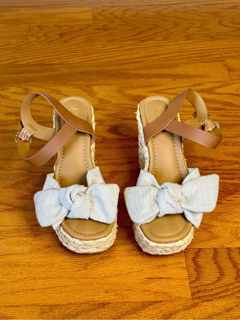 Pink Lily Natural Linen Bow Raffia Platform Wedge Heels Ankle Strap Sandals